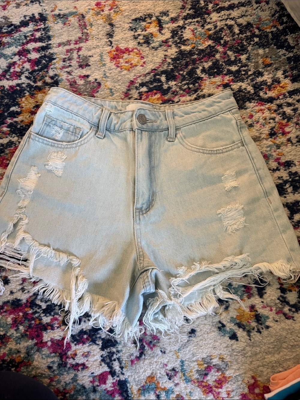 Light Blue Distressed High-Rise Denim Shorts with Frayed Hem